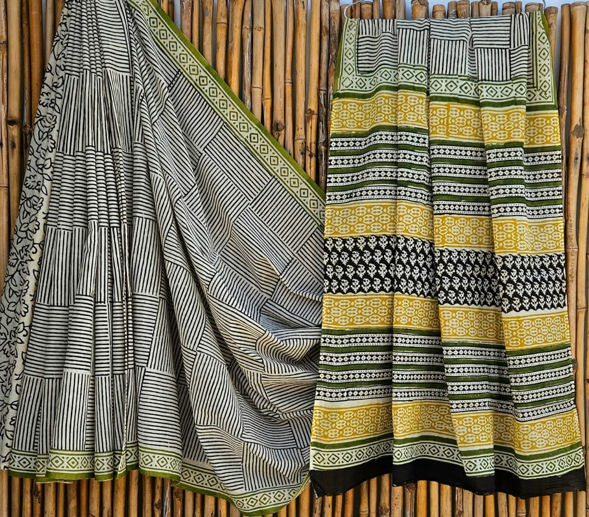 Elegant Black & White Striped Geometric Handblock Printed Pure Mulmul Cotton Saree