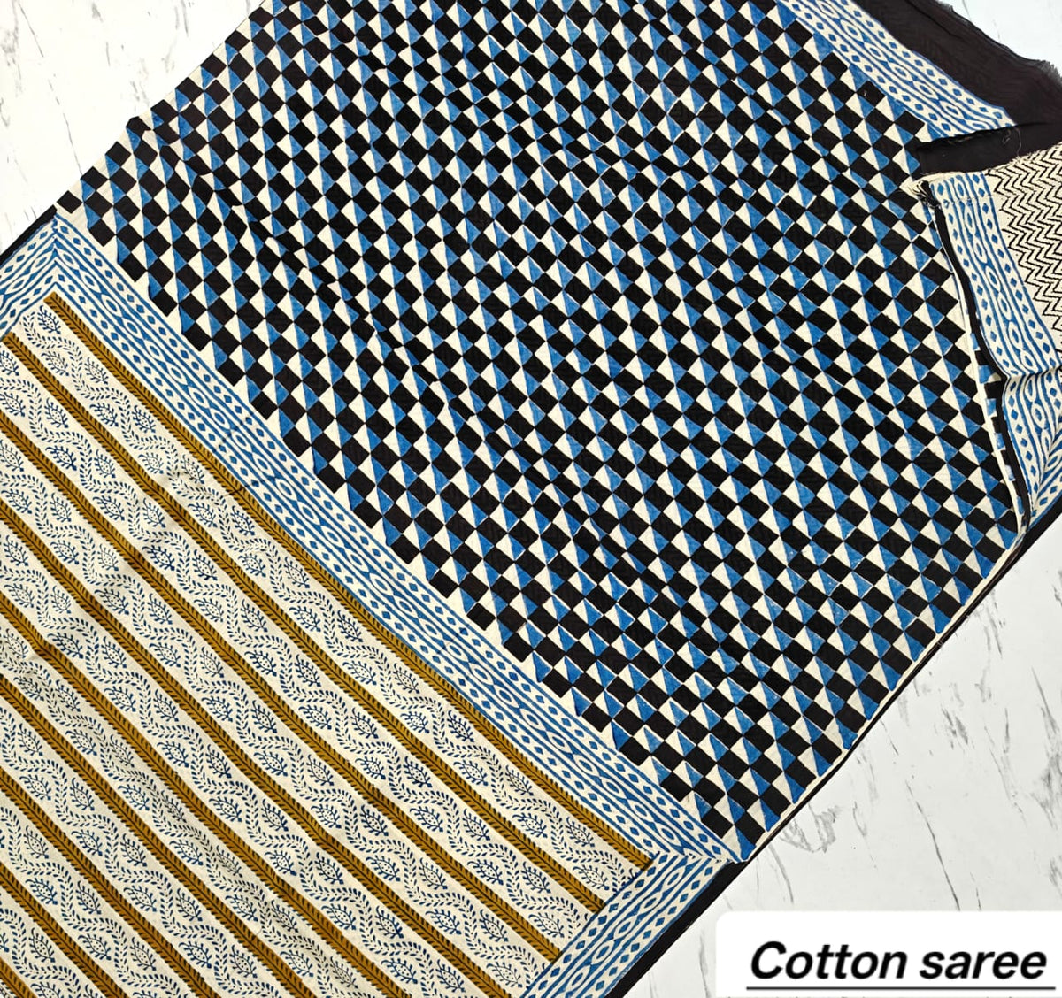 Elegant Blue & White Geometric Chevron Handblock Printed Pure Mulmul Cotton Saree