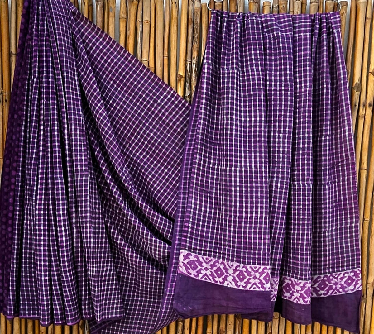 Elegant Purple & White Checkered Handblock Printed Pure Mulmul Cotton Saree