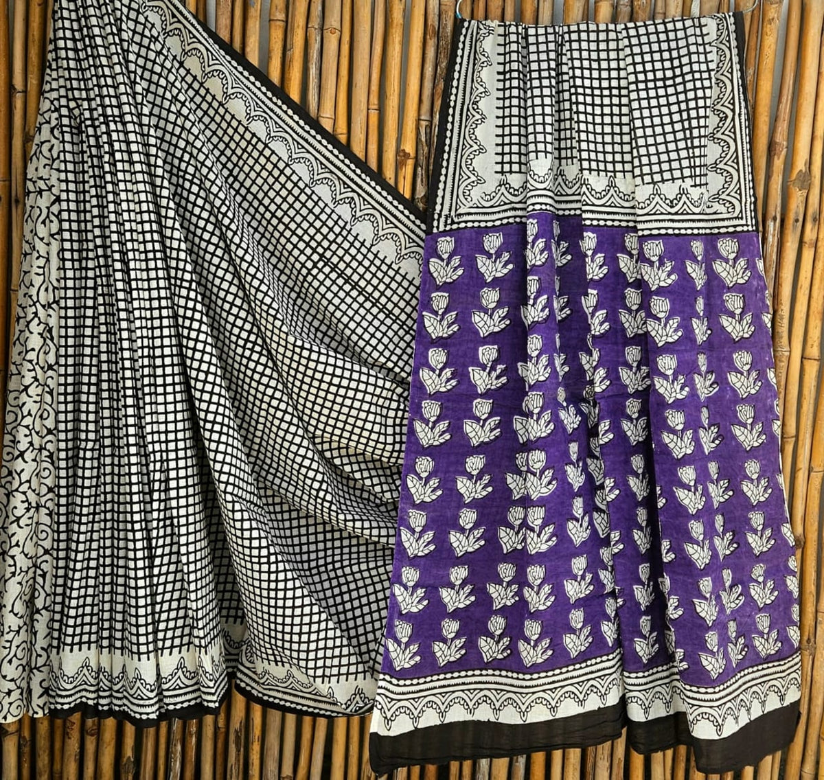 Elegant Purple & White Leaf Motif Handblock Printed Pure Mulmul Cotton Saree