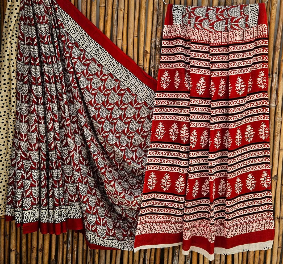 Elegant Red & White Geometric Handblock Printed Pure Mulmul Cotton Saree