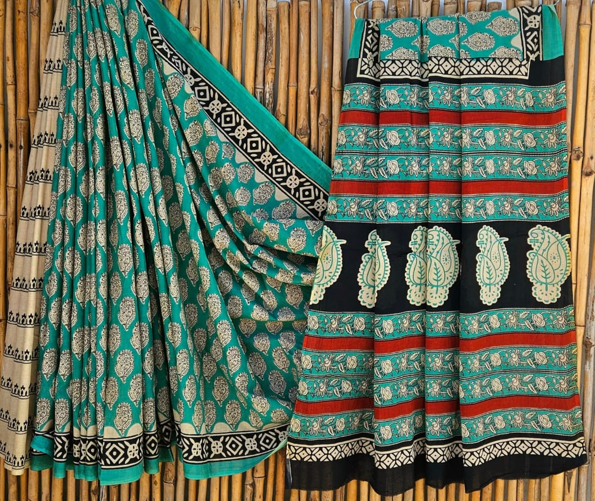 Elegant Teal Green & Beige Floral Motif Handblock Printed Pure Mulmul Cotton Saree