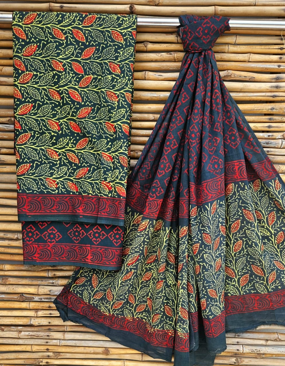 Emerald Green and Rust Red Handblock Printed Cotton Suit Set - Floral Vine Border