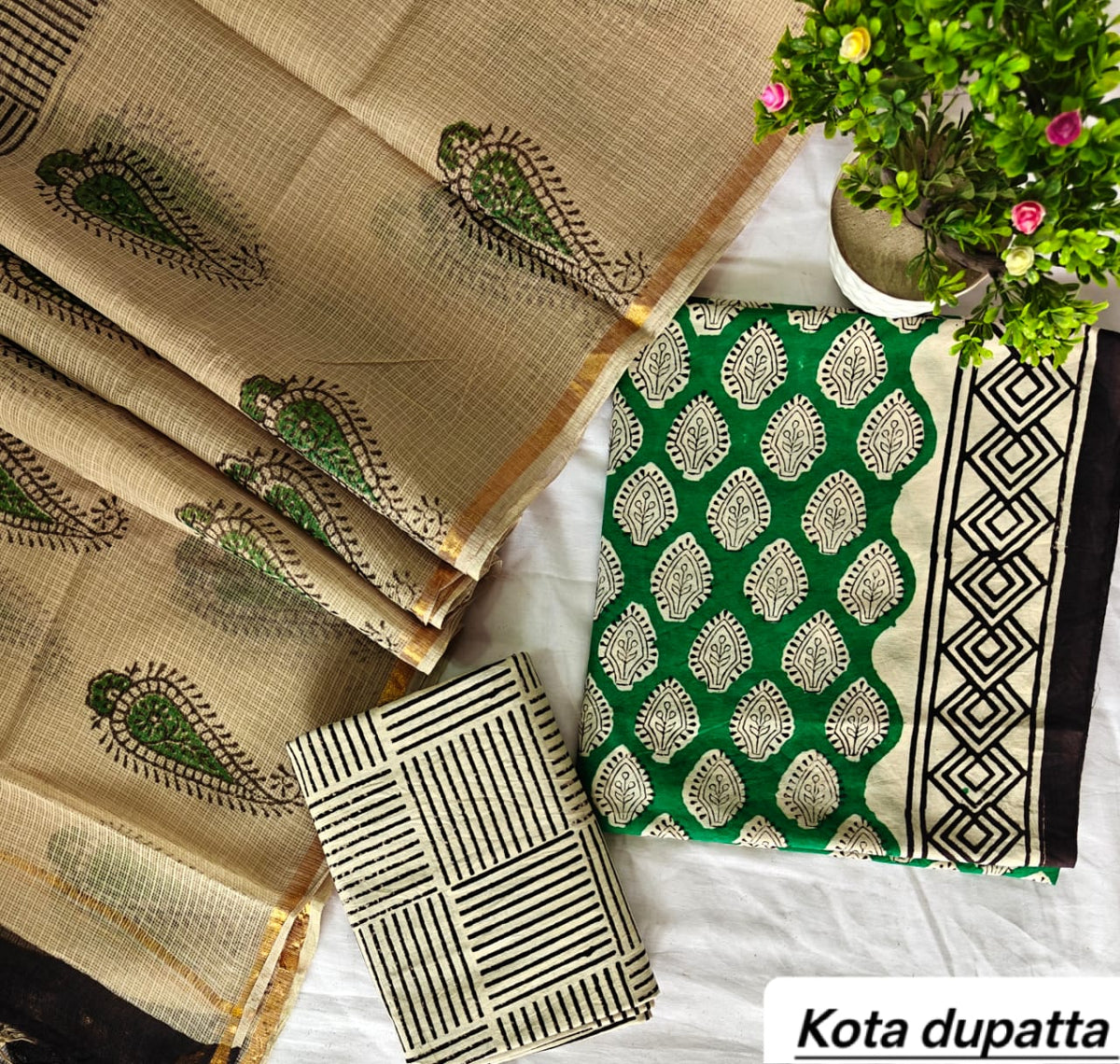 Emerald Green and Cream Block Print Traditional Cotton Suit Set with Kota Doria Dupatta (Handblock Printed)