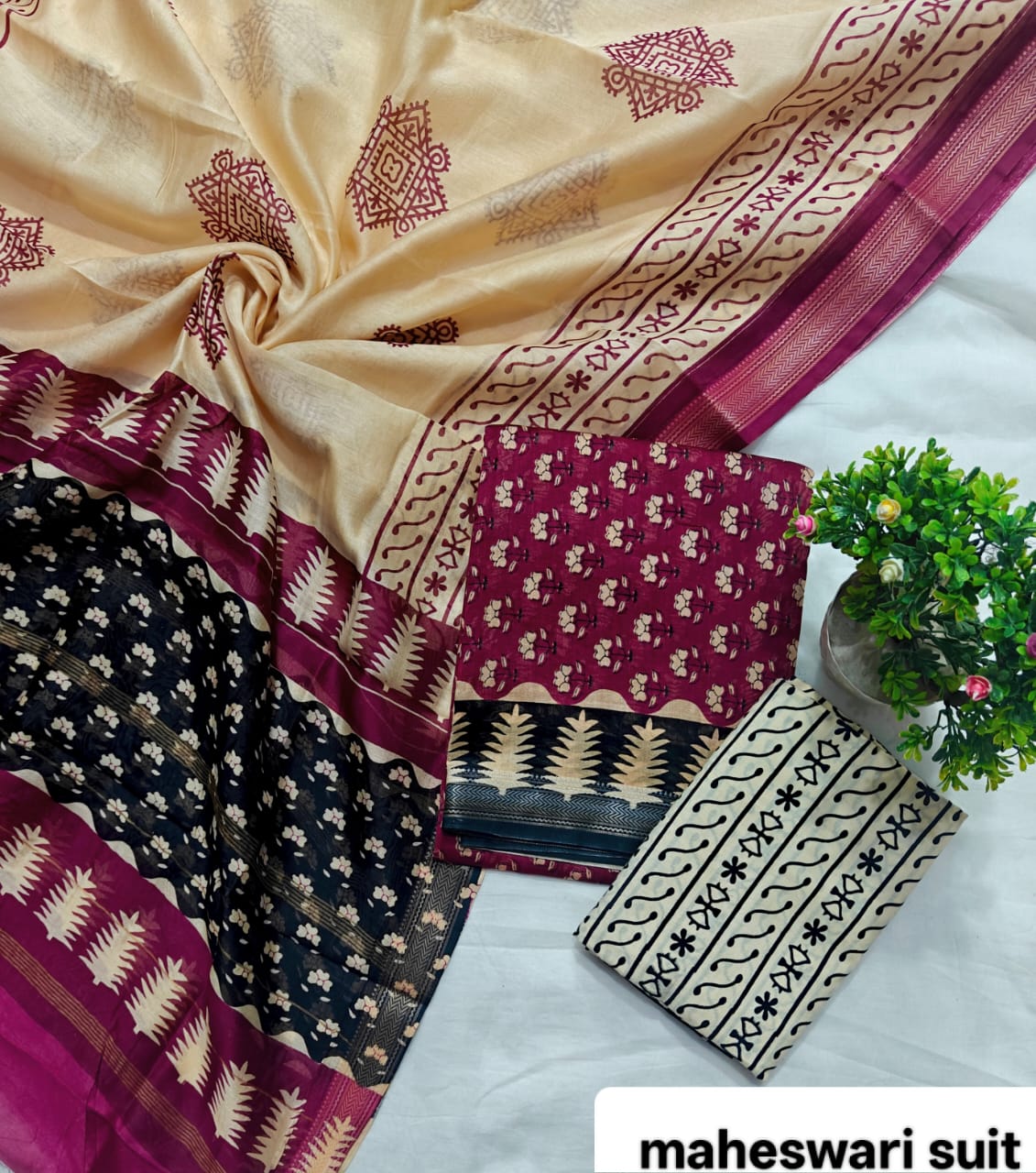 Forest Green and Grey Leaf Motif Handblock Printed Pure Maheshwari Silk Suit Set with Zari Border