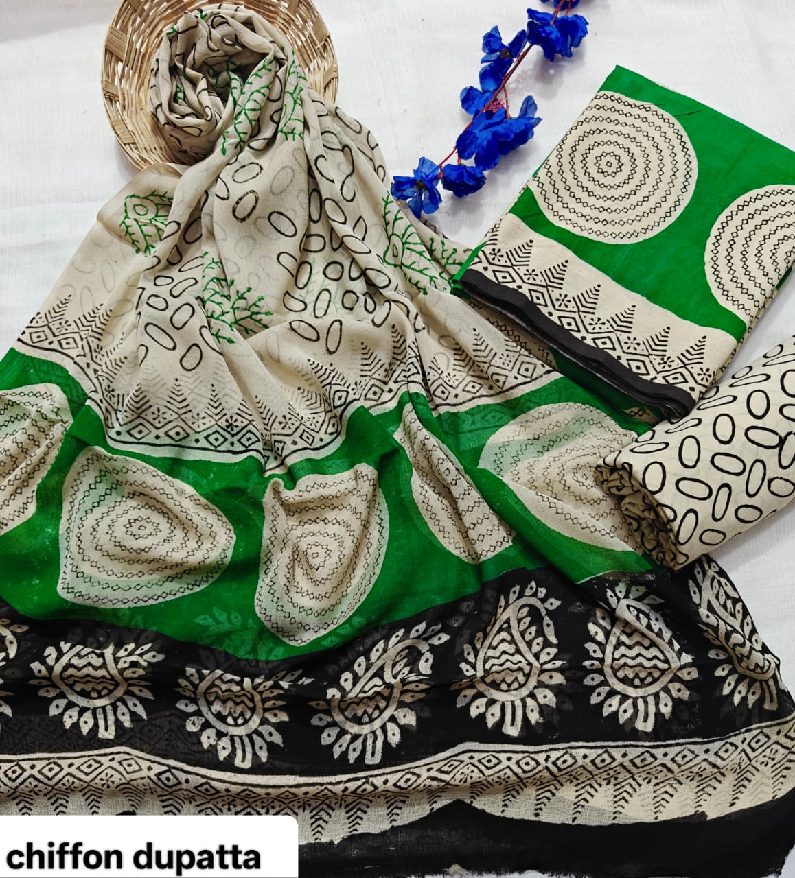 Green and Black Traditional Traditional Handblock Cotton Suit Set with Chiffon Dupatta