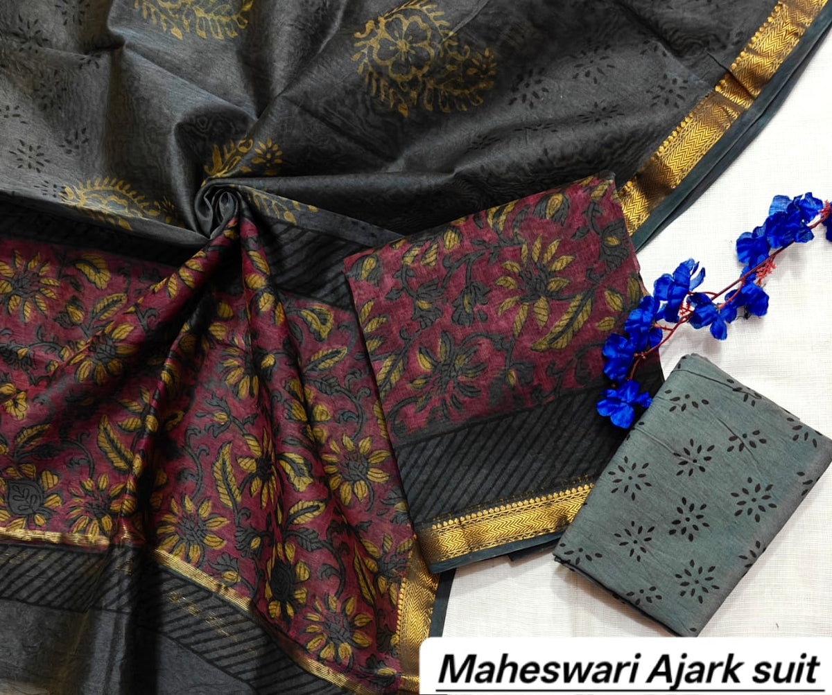 Grey & Maroon Abstract Floral Pure Maheshwari Silk with Ajrakh Print Unstitched Suit Set with Dupatta