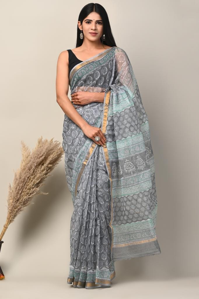 Grey & Teal Floral Hand Block Printed Kota Doria Cotton Saree