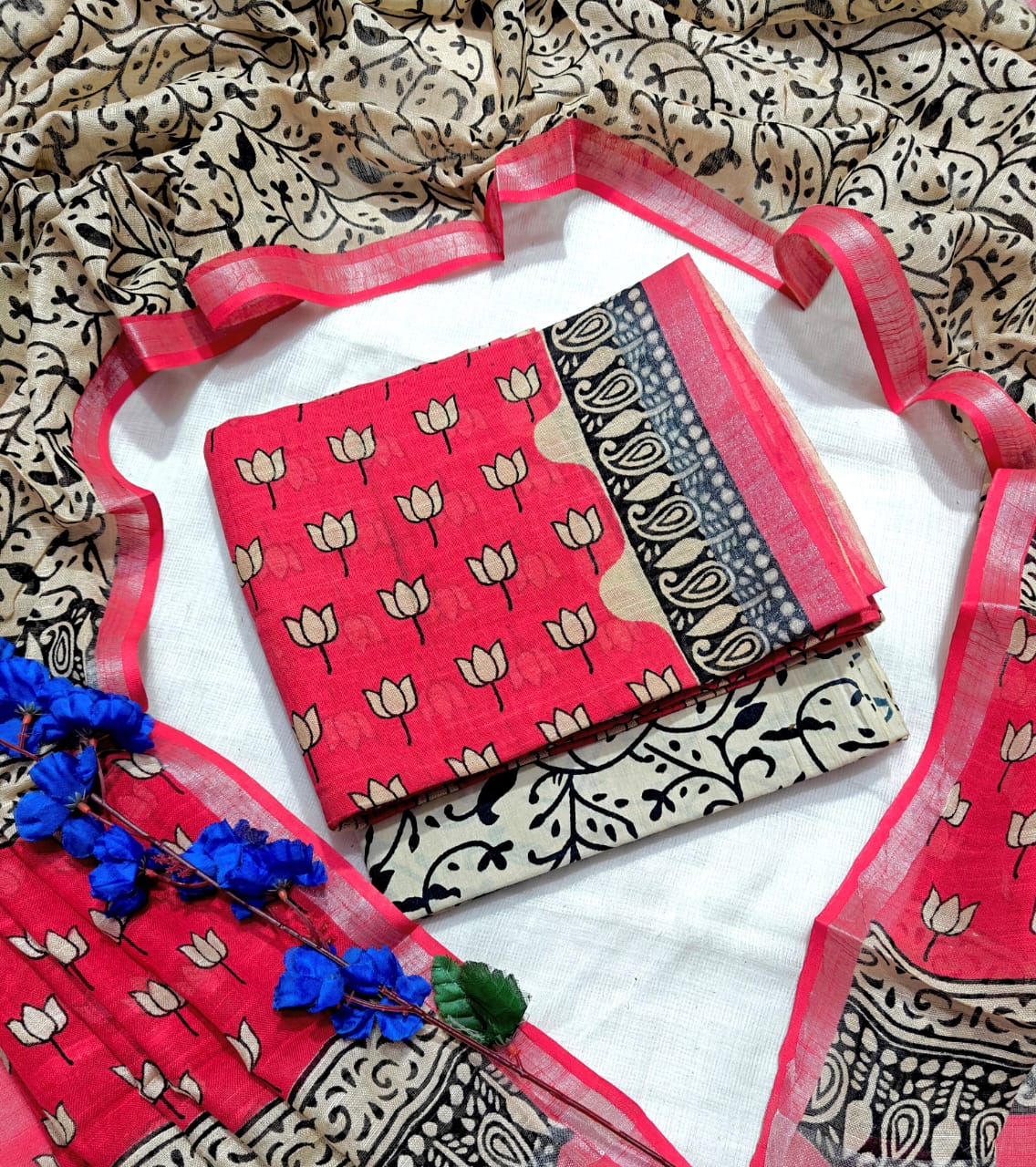 Handcrafted Coral Pink Linen Cotton Tulip Booti Print Unstitched Suit with Zari Border Dupatta
