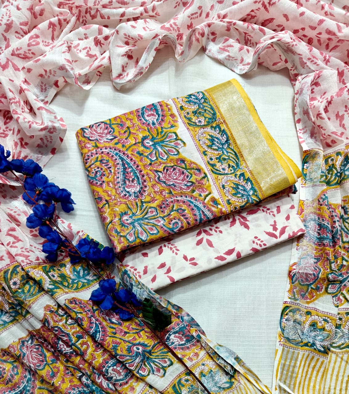 Handcrafted Golden Yellow Teal and Pink Linen Cotton Paisley Floral Print Unstitched Suit with Zari Border Dupatta
