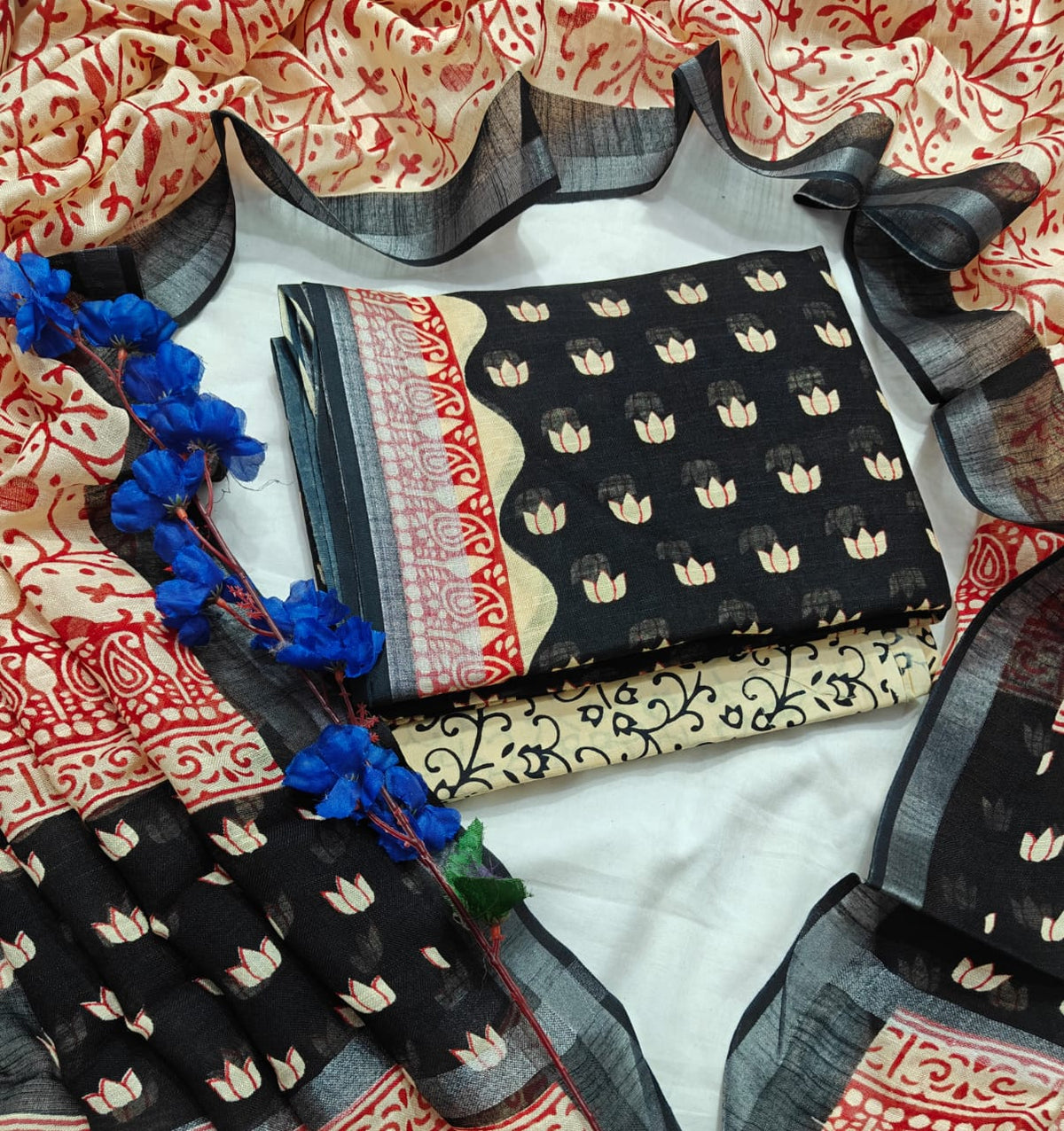 Handcrafted Onyx Black and Red Linen Cotton Lotus Motif Print Unstitched Suit with Zari Border Dupatta