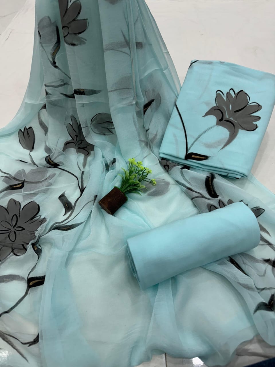 Ice Blue Floral Painted Traditional Handblock Cotton Suit Set with Chiffon Dupatta