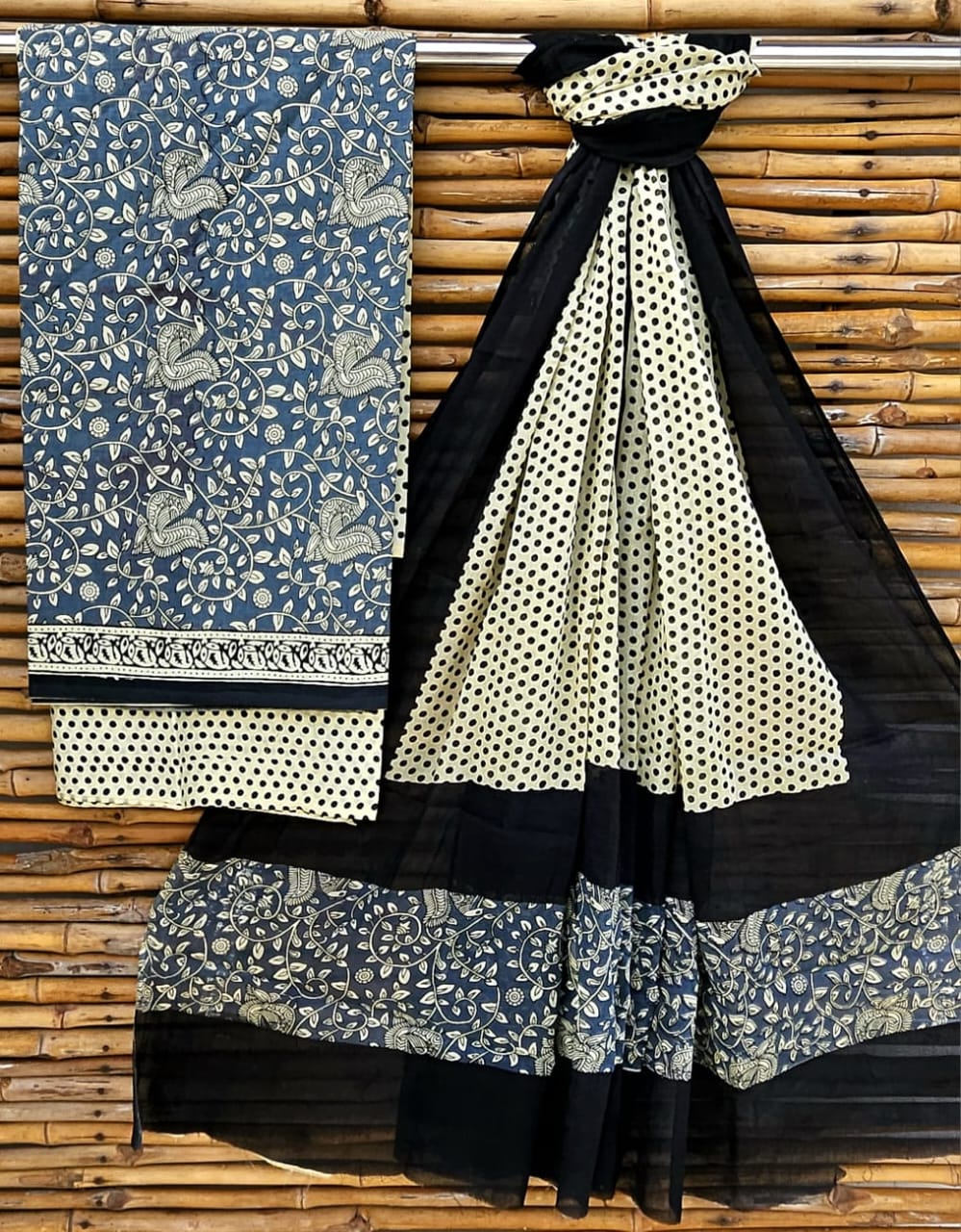 Indigo Blue and White Handblock Printed Cotton Suit Set - Black Geometric Border