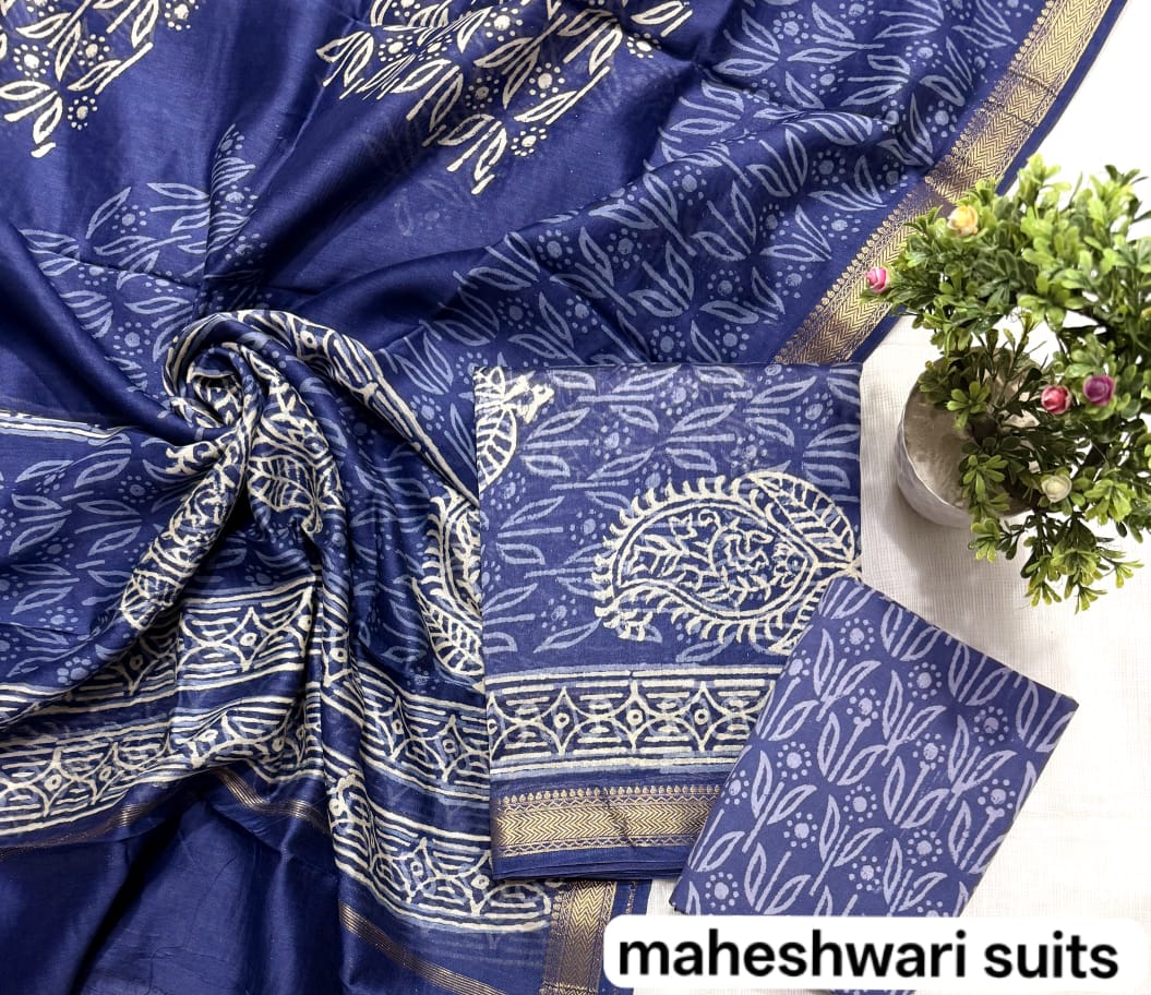 Indigo Blue Abstract Check Motif Handblock Printed Pure Maheshwari Silk Suit Set with Zari Border