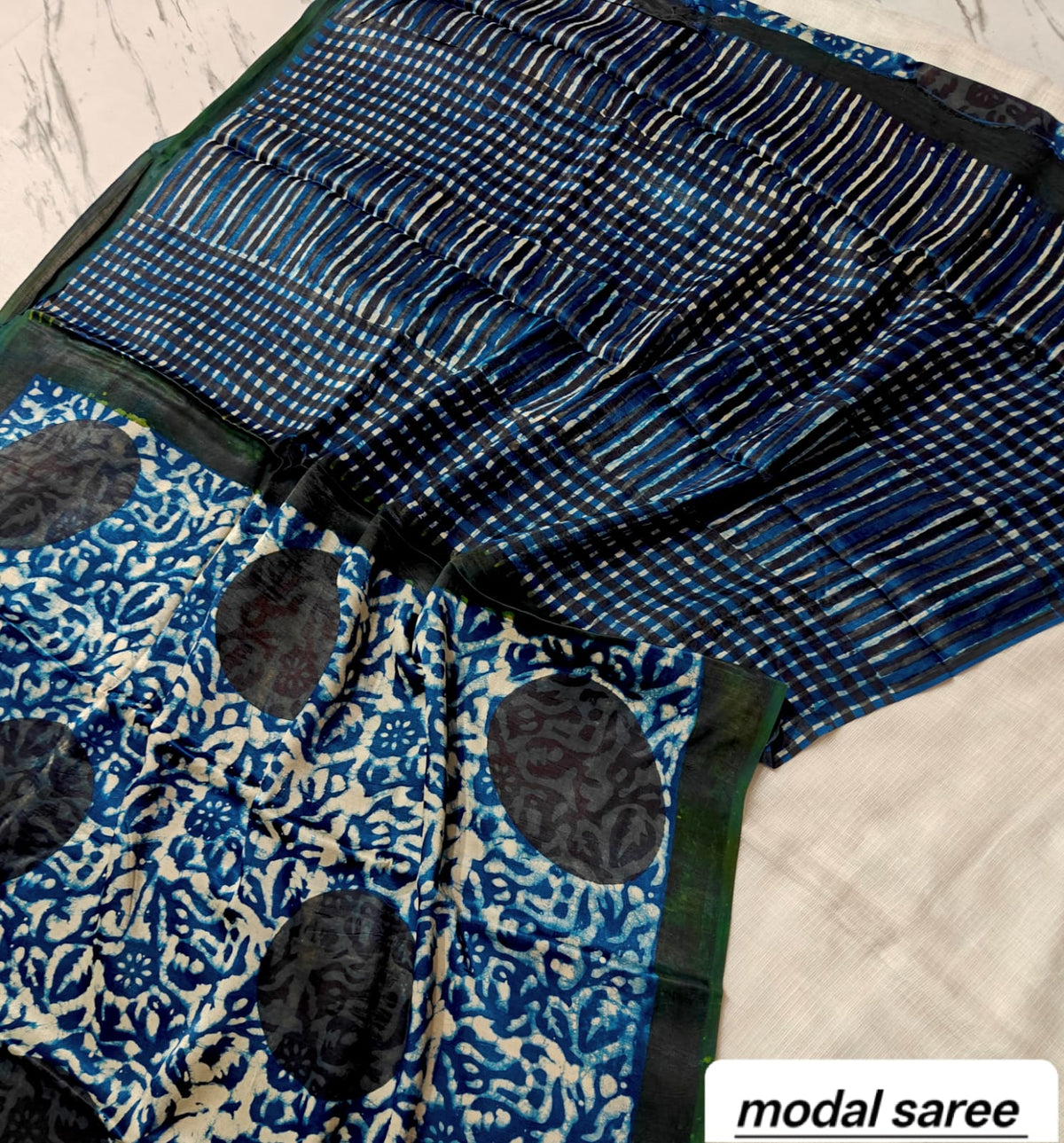 Indigo Blue & Black Floral Handblock Print Pure Modal Silk Ajrakh Saree