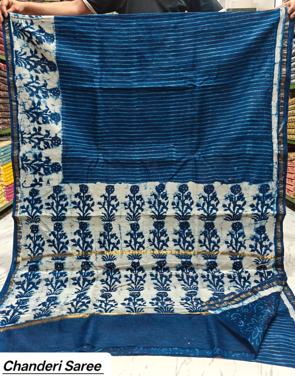 Indigo Blue Geometric Chanderi Bagru Handblock Printed Silk Cotton Saree With Blouse