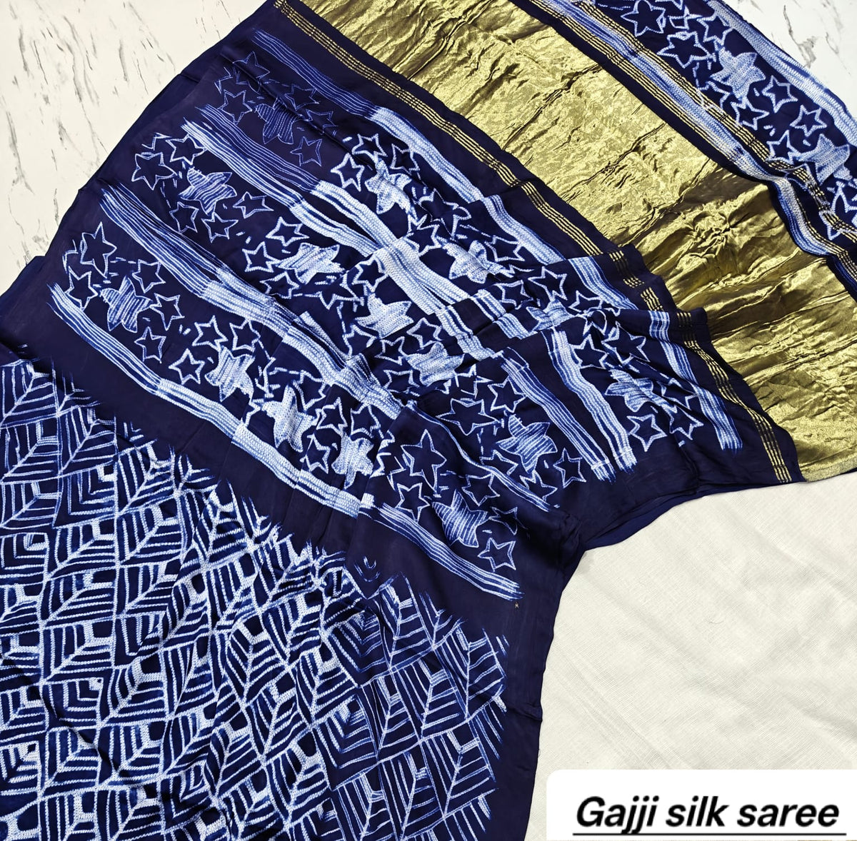 Indigo Blue & White Chevron Ajrakh Handblock Saree in Pure Gajji Silk