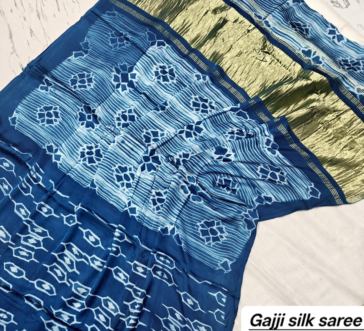 Indigo Blue & White Floral Geometric Ajrakh Handblock Saree in Pure Gajji Silk