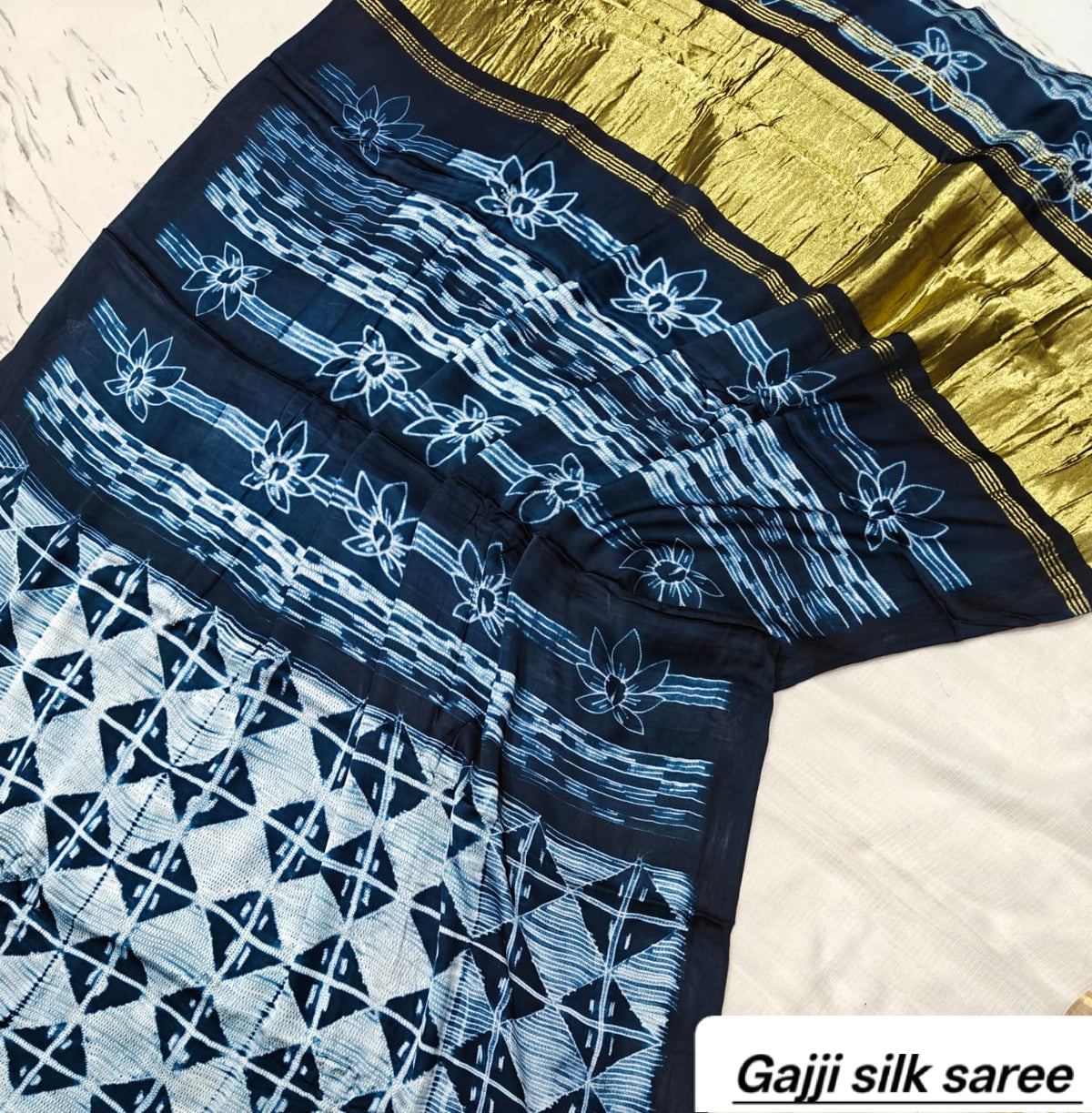 Indigo Blue & White Geometric Ajrakh Handblock Saree in Pure Gajji Silk