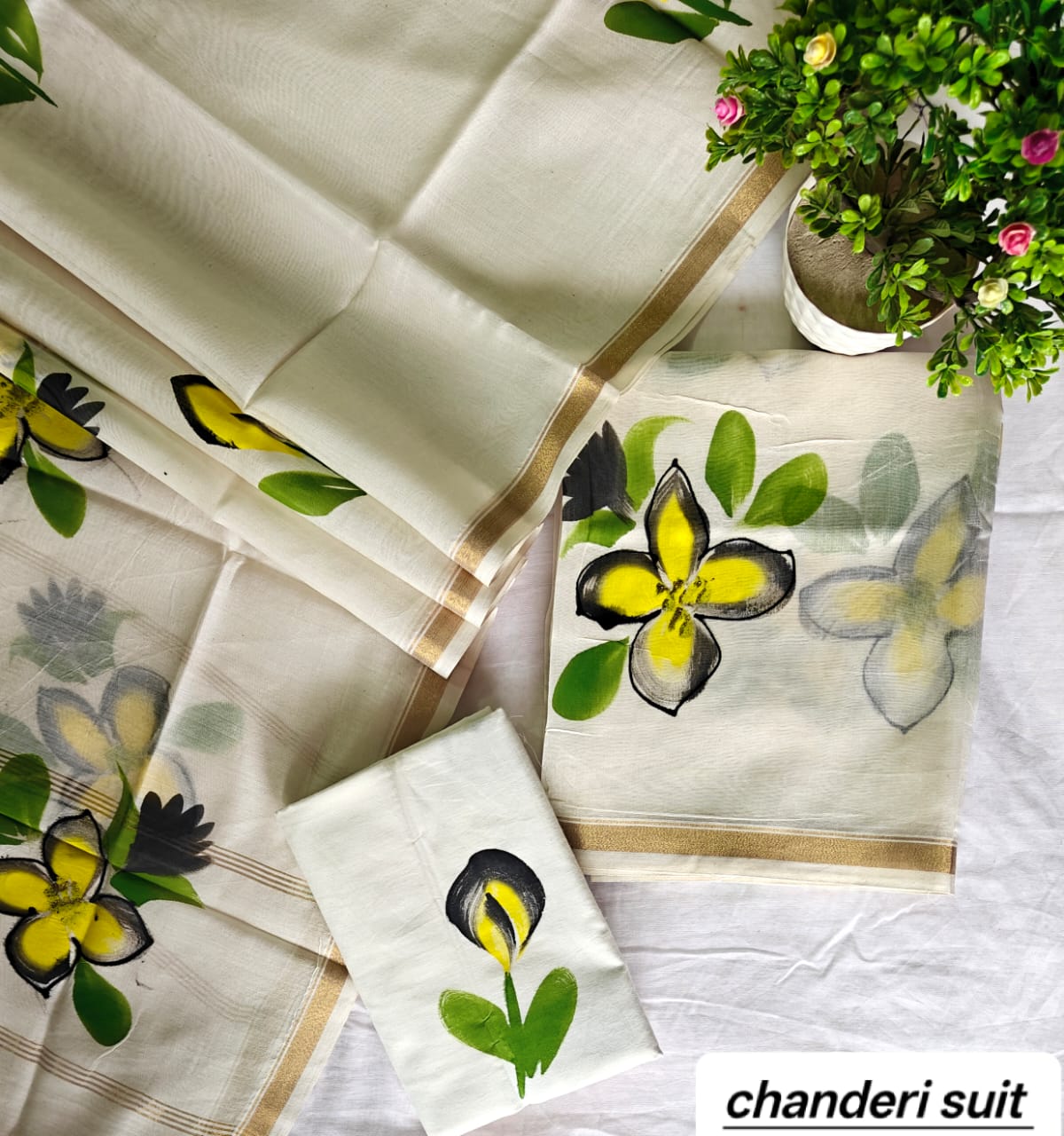 Ivory White Large Floral Handblock Printed Pure Chanderi Silk Unstitched Suit Set