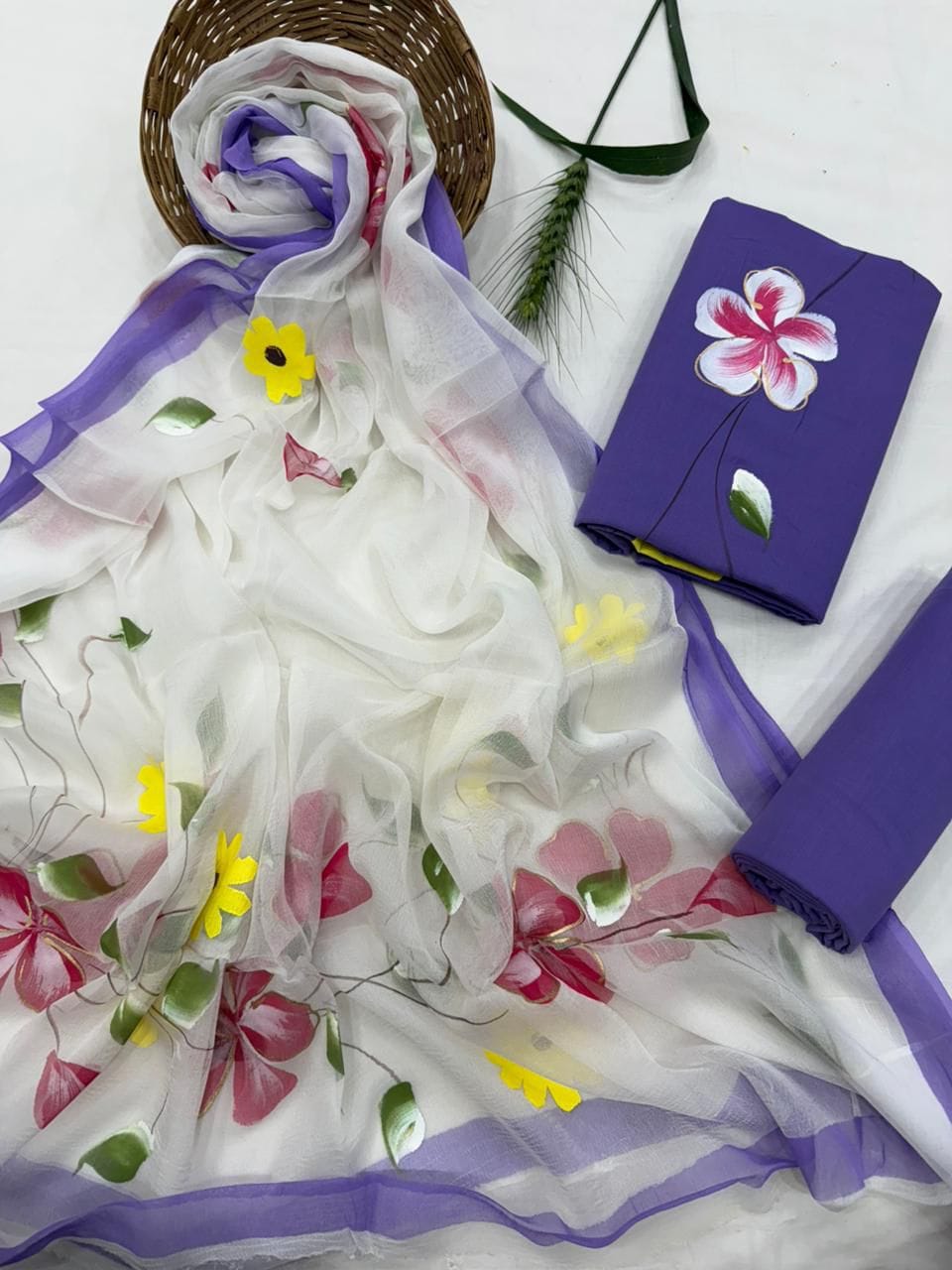 Lavender Floral Painted Traditional Handblock Cotton Suit Set with Chiffon Dupatta