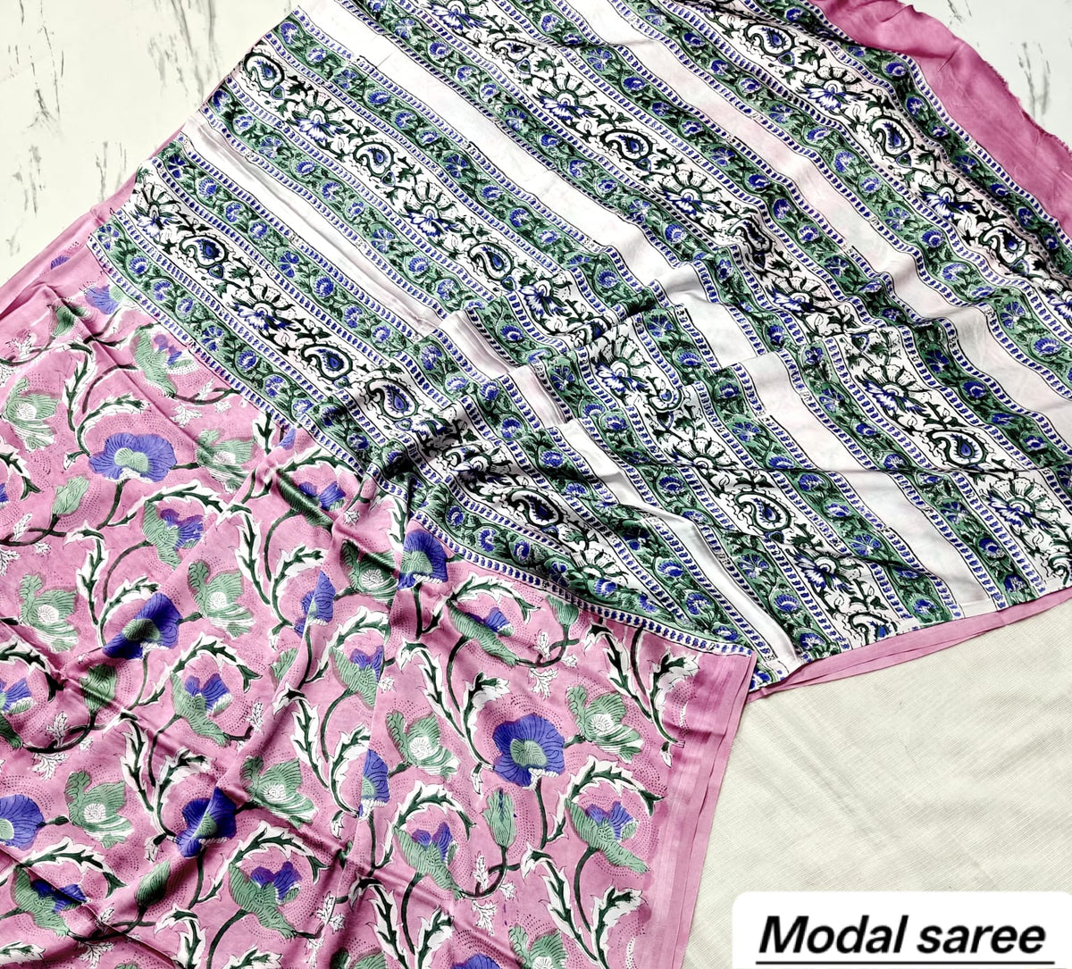 Lavender & Green Floral Handblock Print Pure Modal Silk Ajrakh Saree