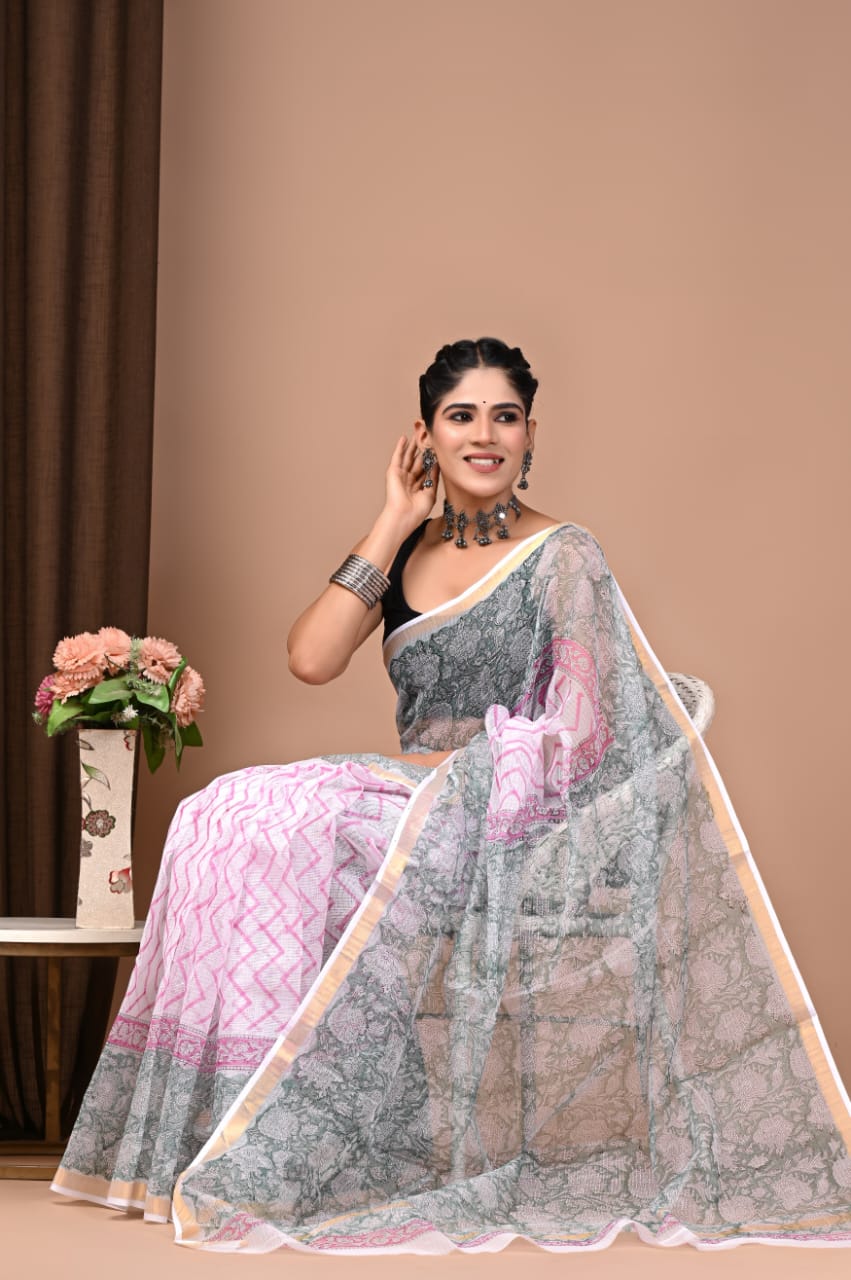Lavender & Grey Floral Hand Block Printed Kota Doria Cotton Saree