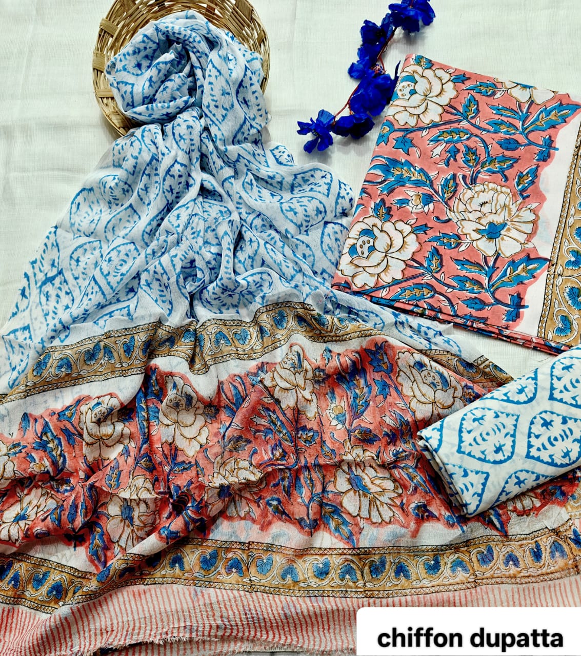 Light Blue Floral Traditional Handblock Cotton Suit Set with Chiffon Dupatta