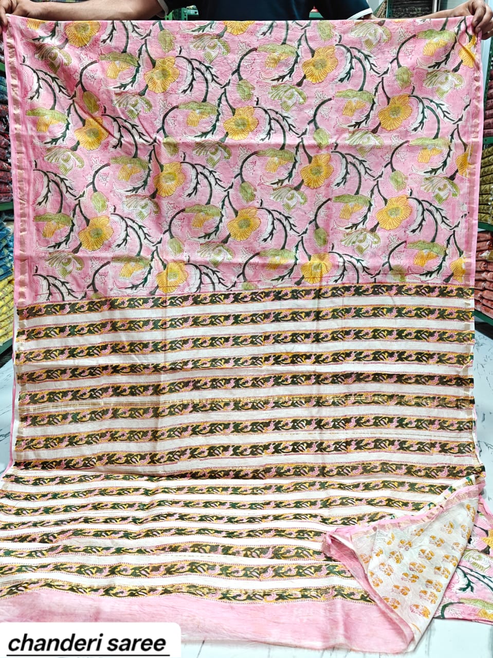 Light Pink Floral Vine Chanderi Bagru Handblock Printed Silk Cotton Saree With Blouse