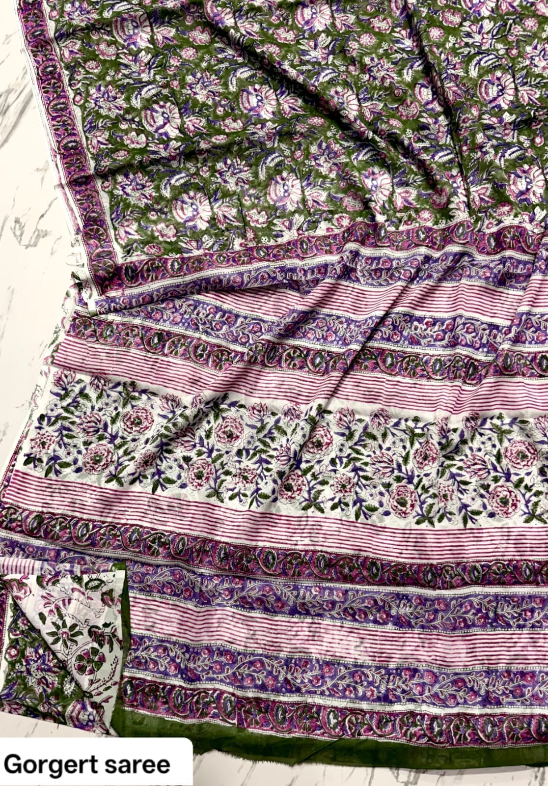 Light Purple Floral Handblock Printed Georgette Saree