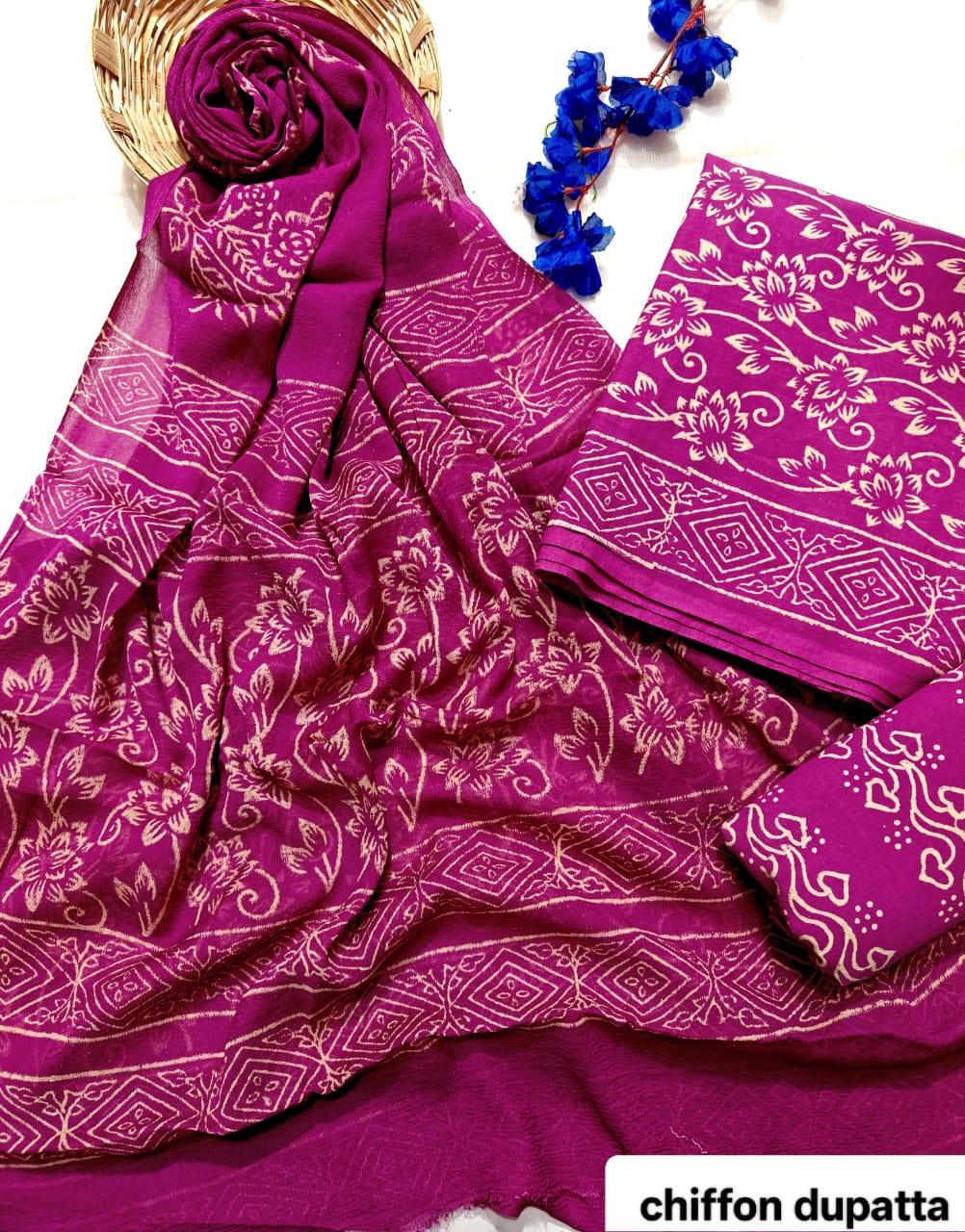 Magenta Classic Traditional Handblock Cotton Suit Set with Chiffon Dupatta