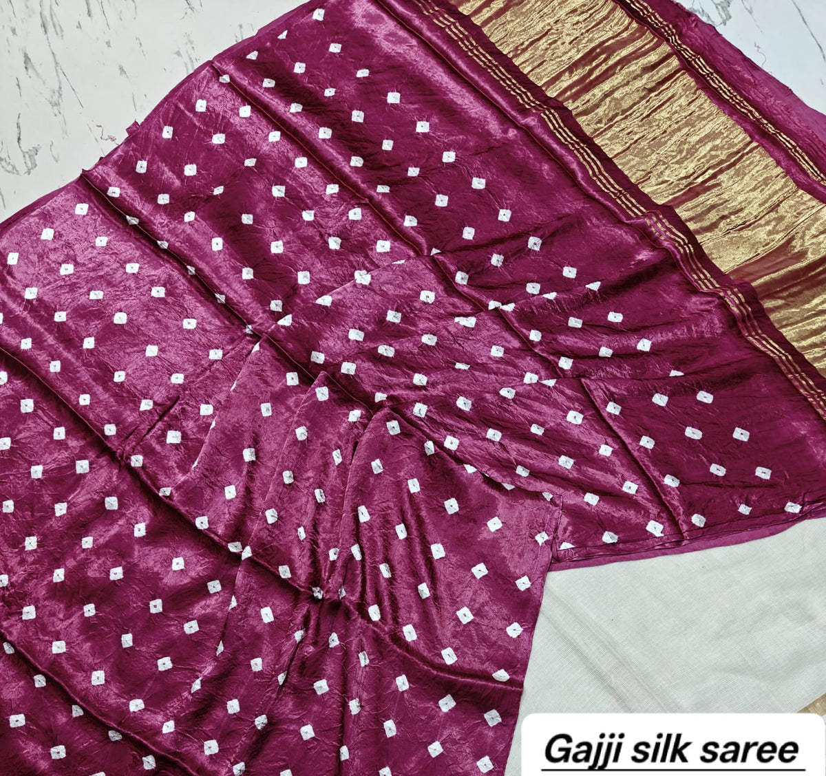 Magenta Pink Bandhani Ajrakh Handblock Saree in Pure Gajji Silk