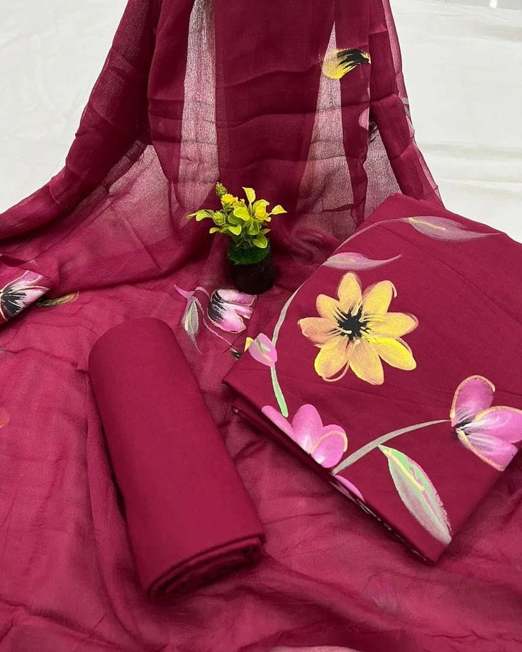 Magenta Pink Floral Painted Traditional Handblock Cotton Suit Set with Chiffon Dupatta