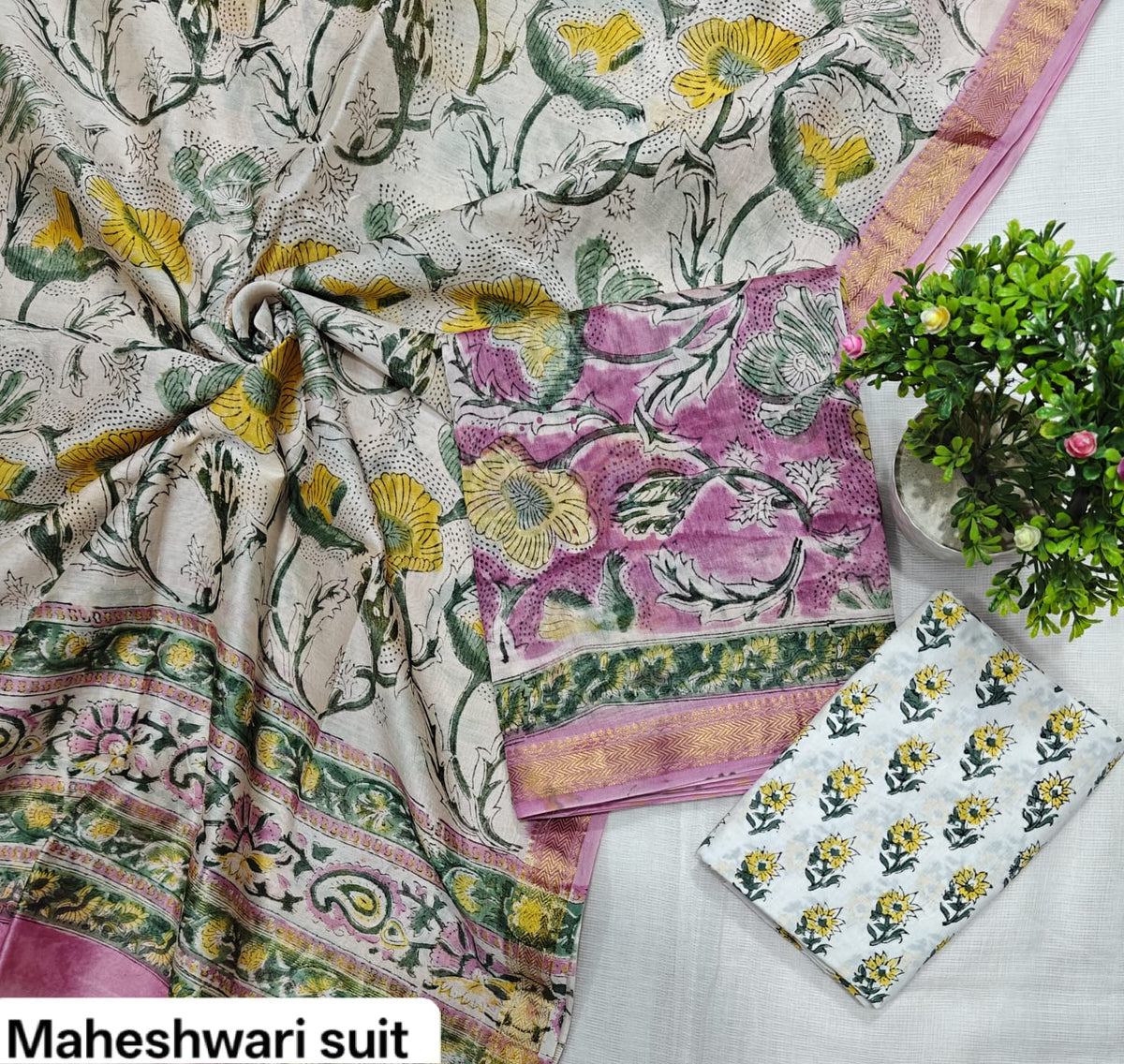 Magenta & Yellow Floral Motif Handblock Printed Pure Maheshwari Silk Unstitched Suit Set with Dupatta