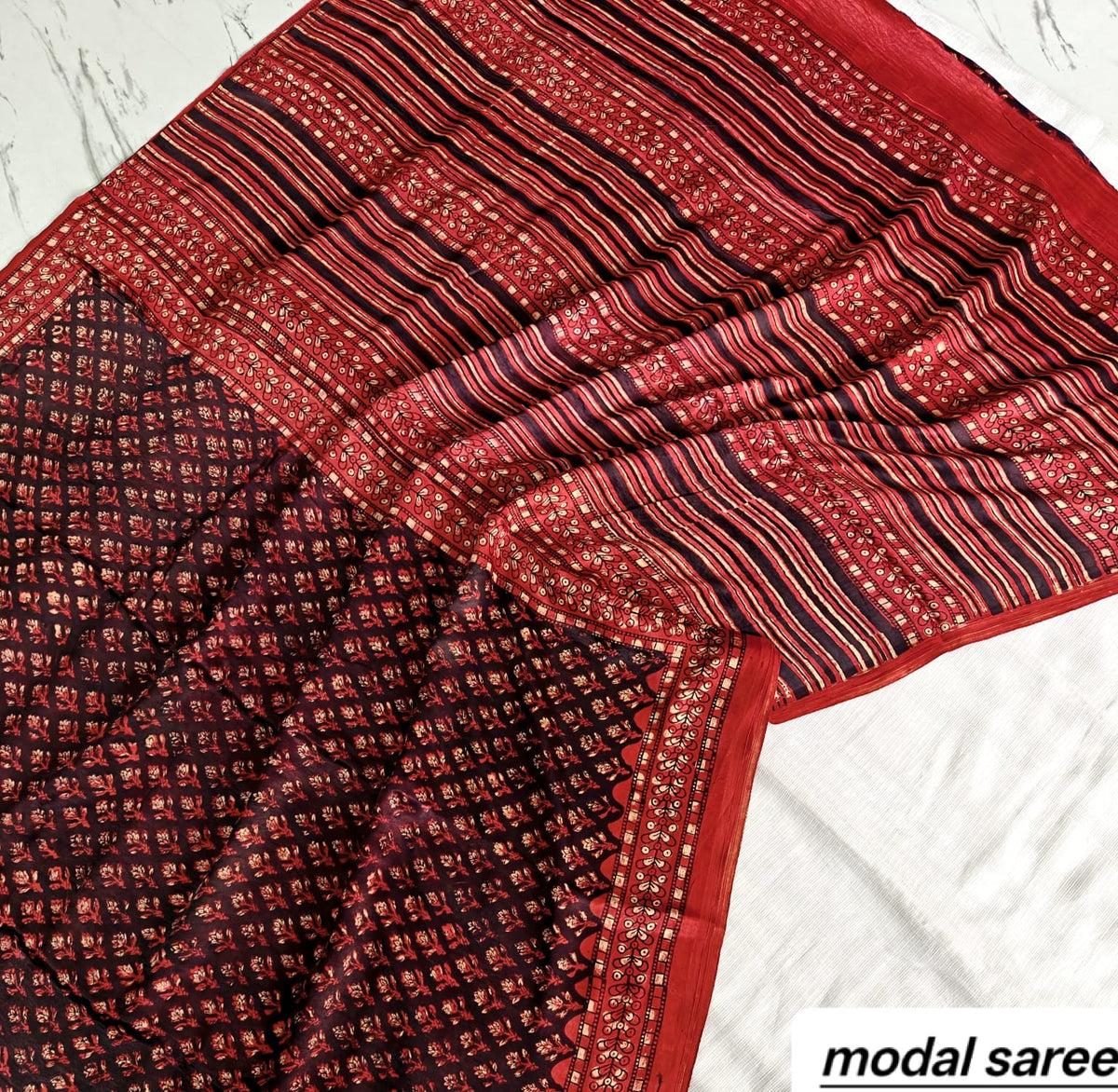 Maroon & Black Striped Handblock Print Pure Modal Silk Ajrakh Saree