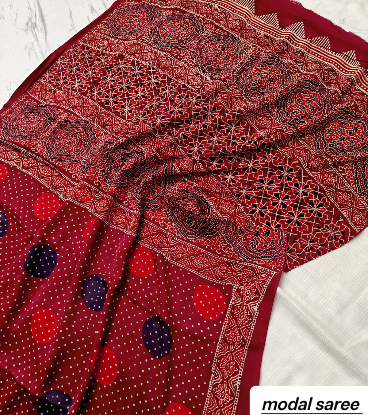 Maroon & Red Floral Booti Handblock Print Pure Modal Silk Ajrakh Saree