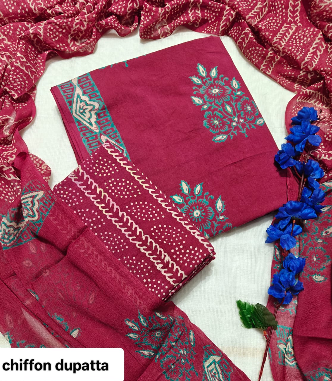 Maroon and Grey Traditional Traditional Handblock Cotton Suit Set with Chiffon Dupatta