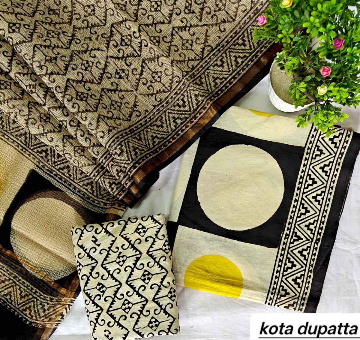 Midnight Black and Beige Polka Dot Traditional Cotton Suit Set with Kota Doria Dupatta (Handblock Printed)
