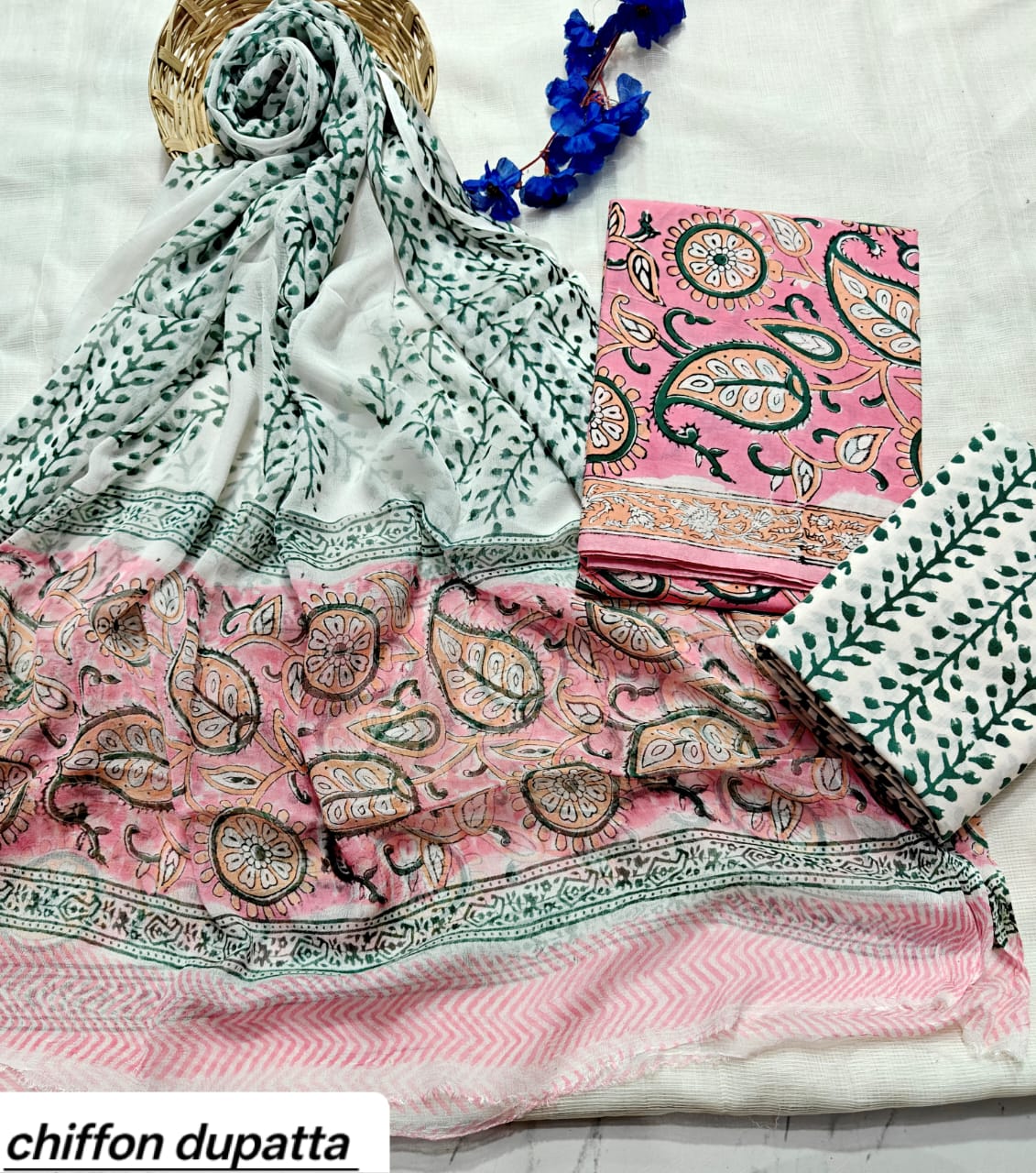 Mint Green and Pink Floral Traditional Handblock Cotton Suit Set with Chiffon Dupatta