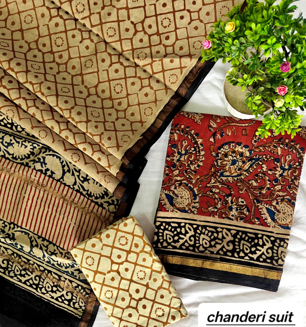 Mustard Brown Floral Pattern Handblock Printed Pure Chanderi Silk Unstitched Suit Set