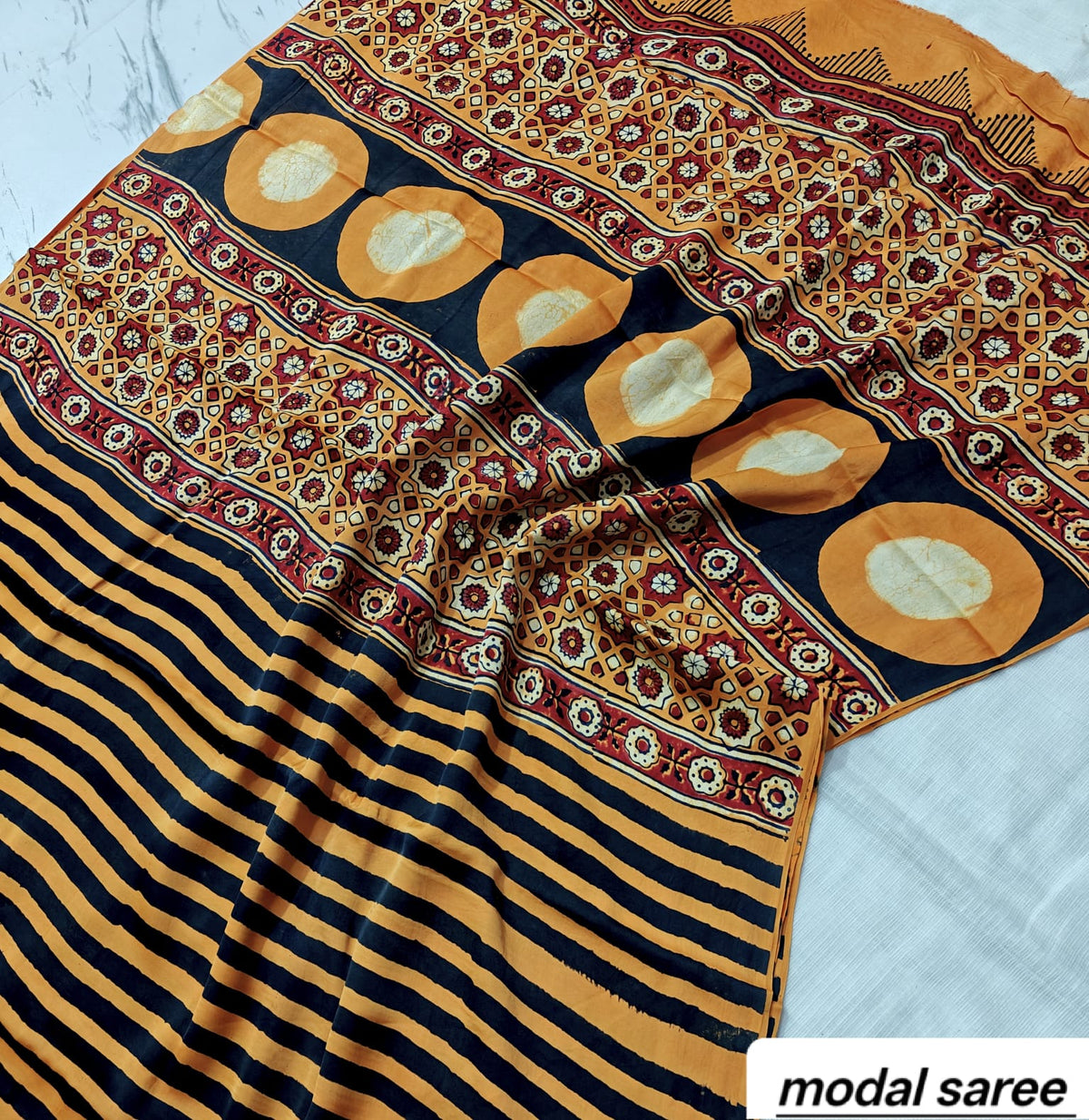 Mustard Yellow & Black Circular Motif Handblock Print Pure Modal Silk Ajrakh Saree