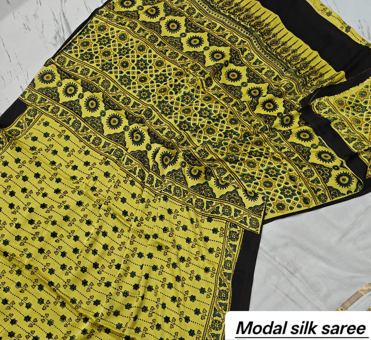 Mustard Yellow & Black Geometric Handblock Print Pure Modal Silk Ajrakh Saree