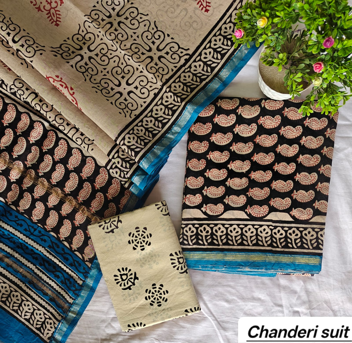 Navy Blue and Beige Floral Booti Handblock Printed Pure Chanderi Silk Unstitched Suit Set