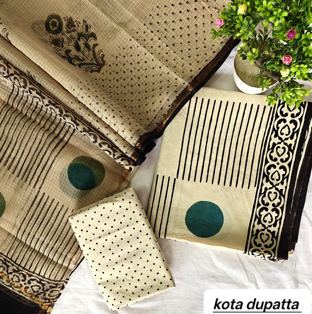 Navy Blue and Beige Polka Dot Stripe Traditional Cotton Suit Set with Kota Doria Dupatta (Handblock Printed)