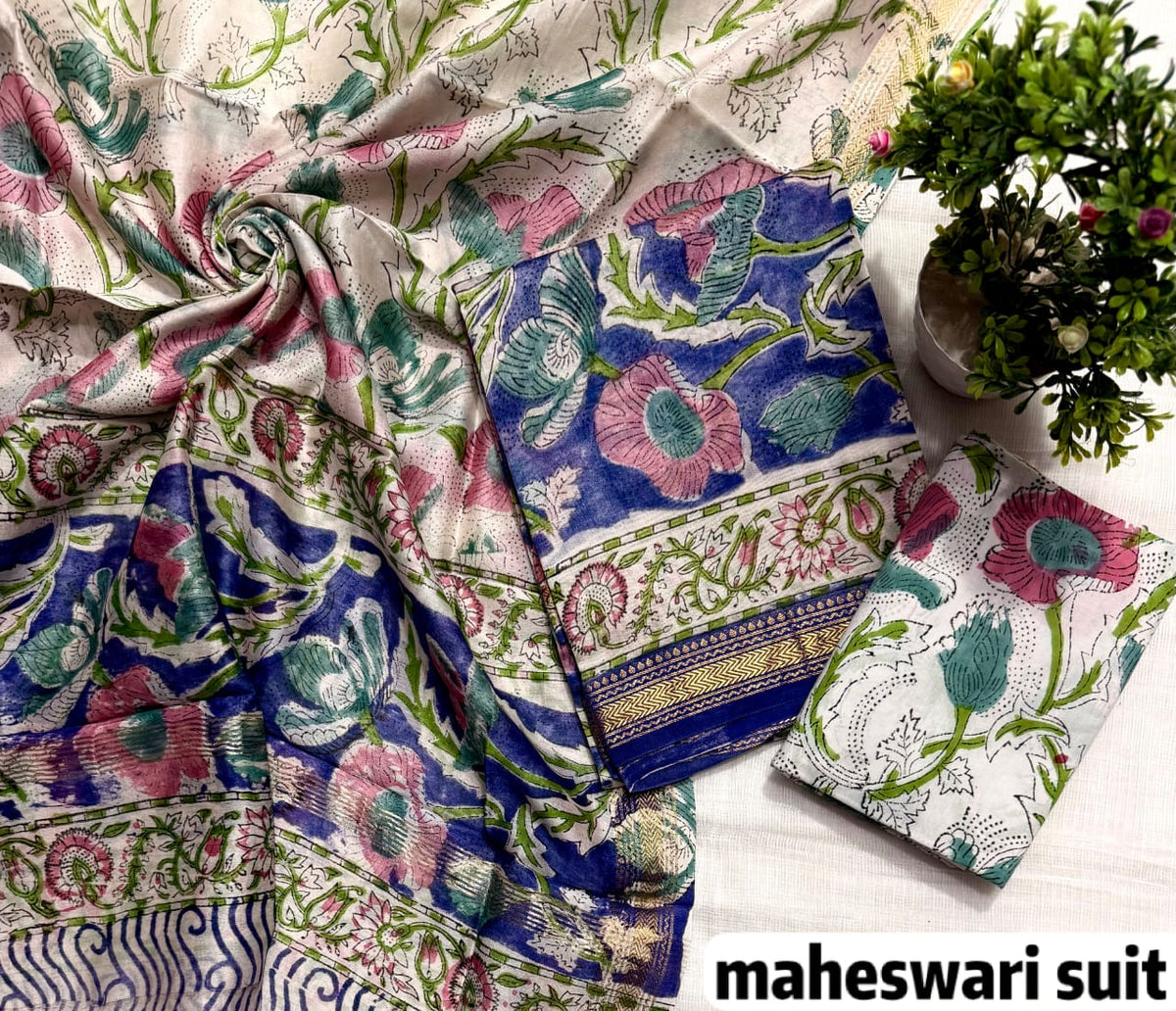 Navy Blue and Emerald Floral Jaal Handblock Printed Pure Maheshwari Silk Suit Set with Zari Border