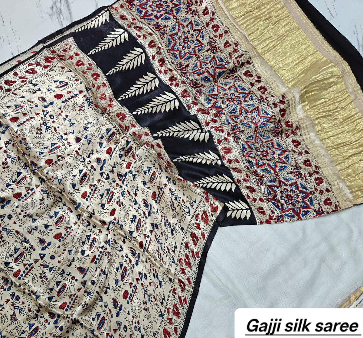 Off-White & Black Abstract Ajrakh Handblock Saree in Pure Gajji Silk