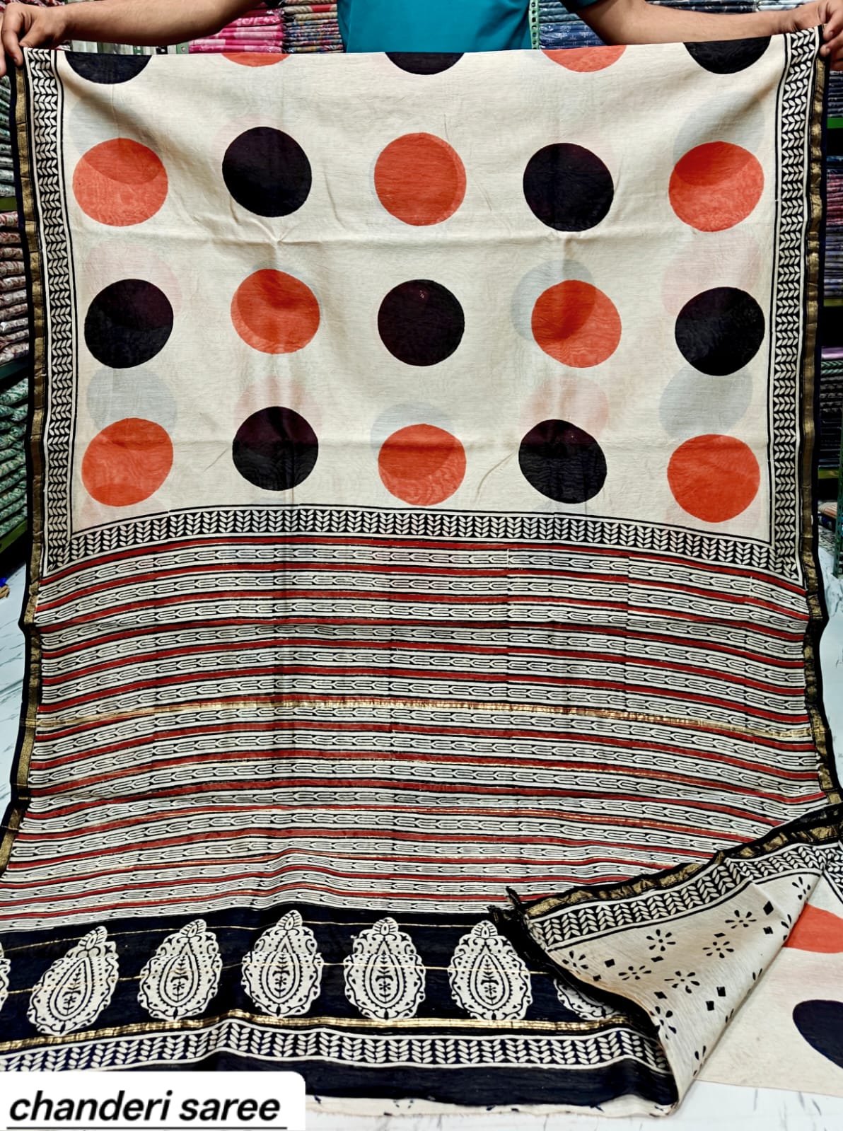 Off-White & Black Polka Dot Chanderi Bagru Handblock Printed Silk Saree With Blouse