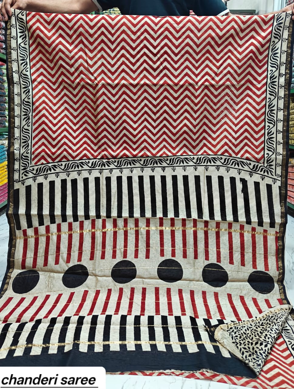 Off-White & Black Striped Chevron Chanderi Bagru Handblock Printed Silk Cotton Saree With Blouse