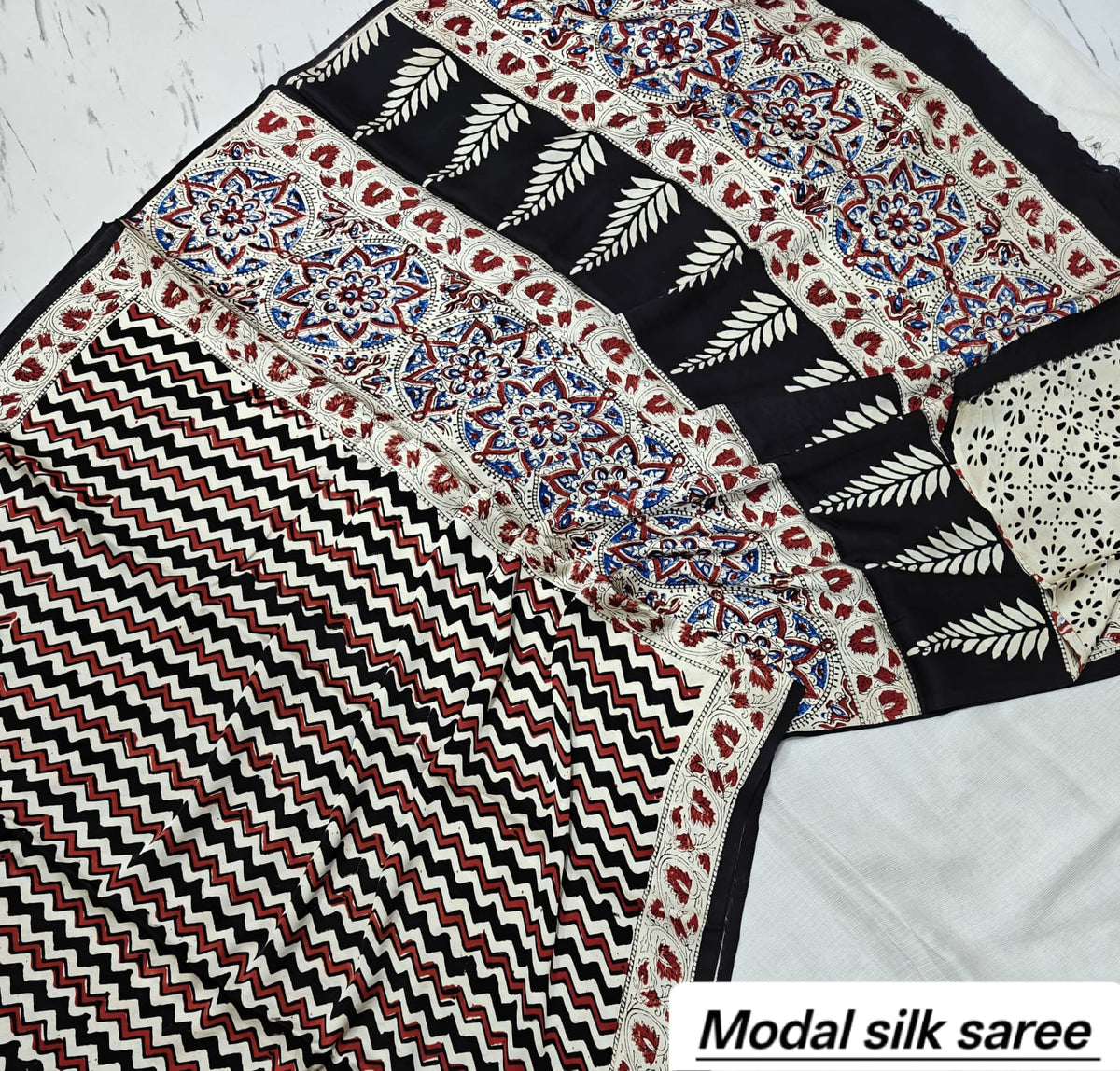 Off-White & Black Striped Floral Handblock Print Pure Modal Silk Ajrakh Saree