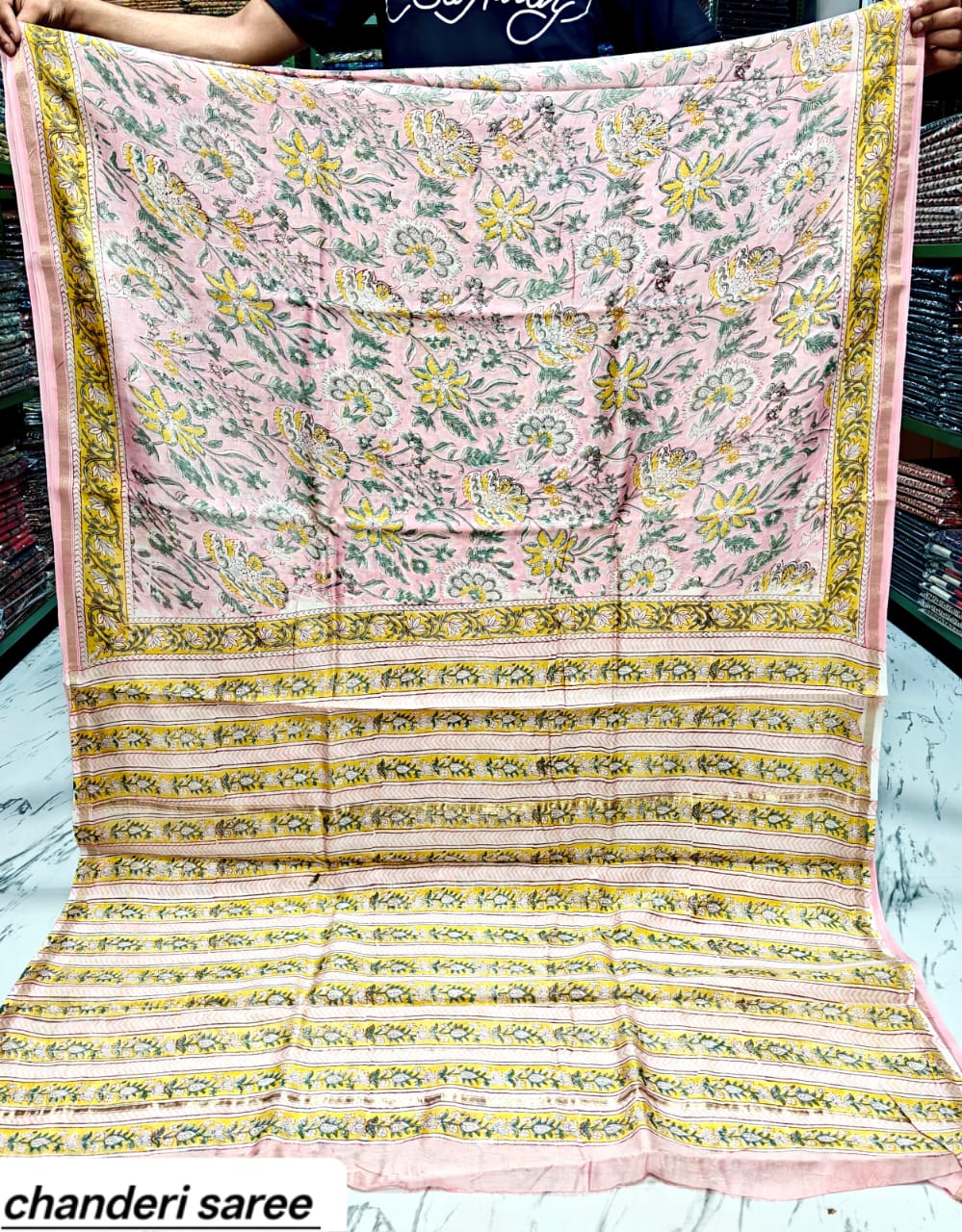 Off-White & Green Floral Chanderi Bagru Handblock Printed Silk Cotton Saree With Blouse